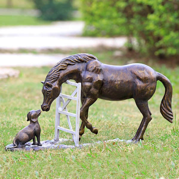 horse dog connecting over fence sculpture statues pets garden decor
